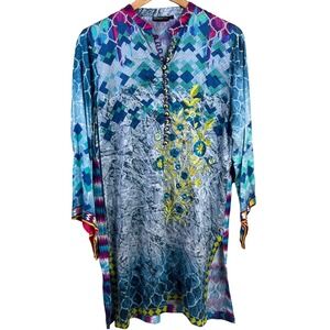 Alkaram Studio Pakistan Long Sleeve Kurta Yellow Embroidered Flowers Tunic Large